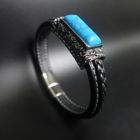 Stainless Steel & Leather Bracelet w/ Turquoise Stone SBR-6746 - Picture 6 of 10
